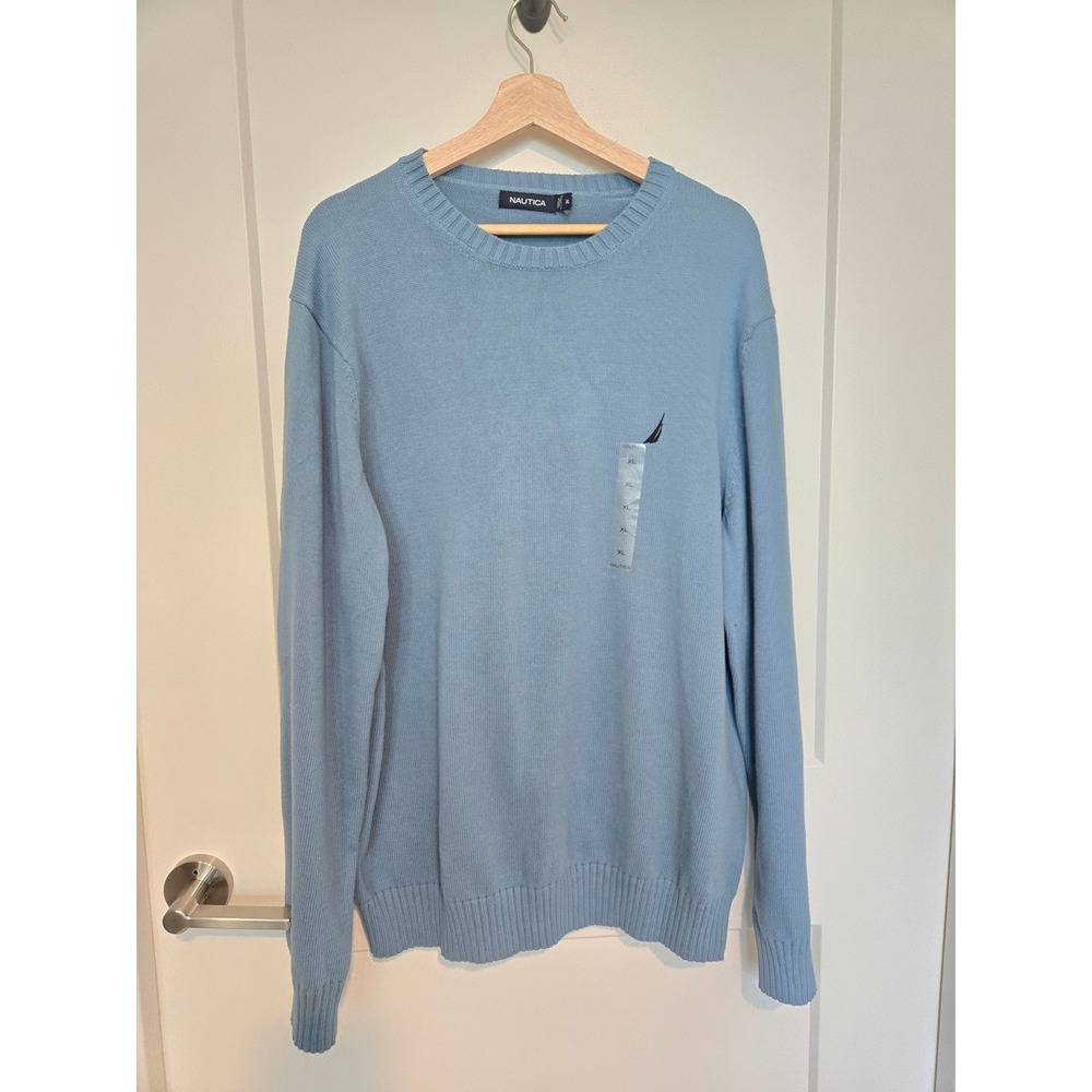 Nautica Mens Crewneck Sweater Light Blue 100% Cotton Knit Logo XL VDR 493 313